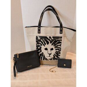 Anne Klein Canvas Tote Bag Patent Leather Handles Rope Trim W/ Accessory Pouches